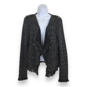 White House Black Market Black Tweed Open Front Fringe Jacket size M